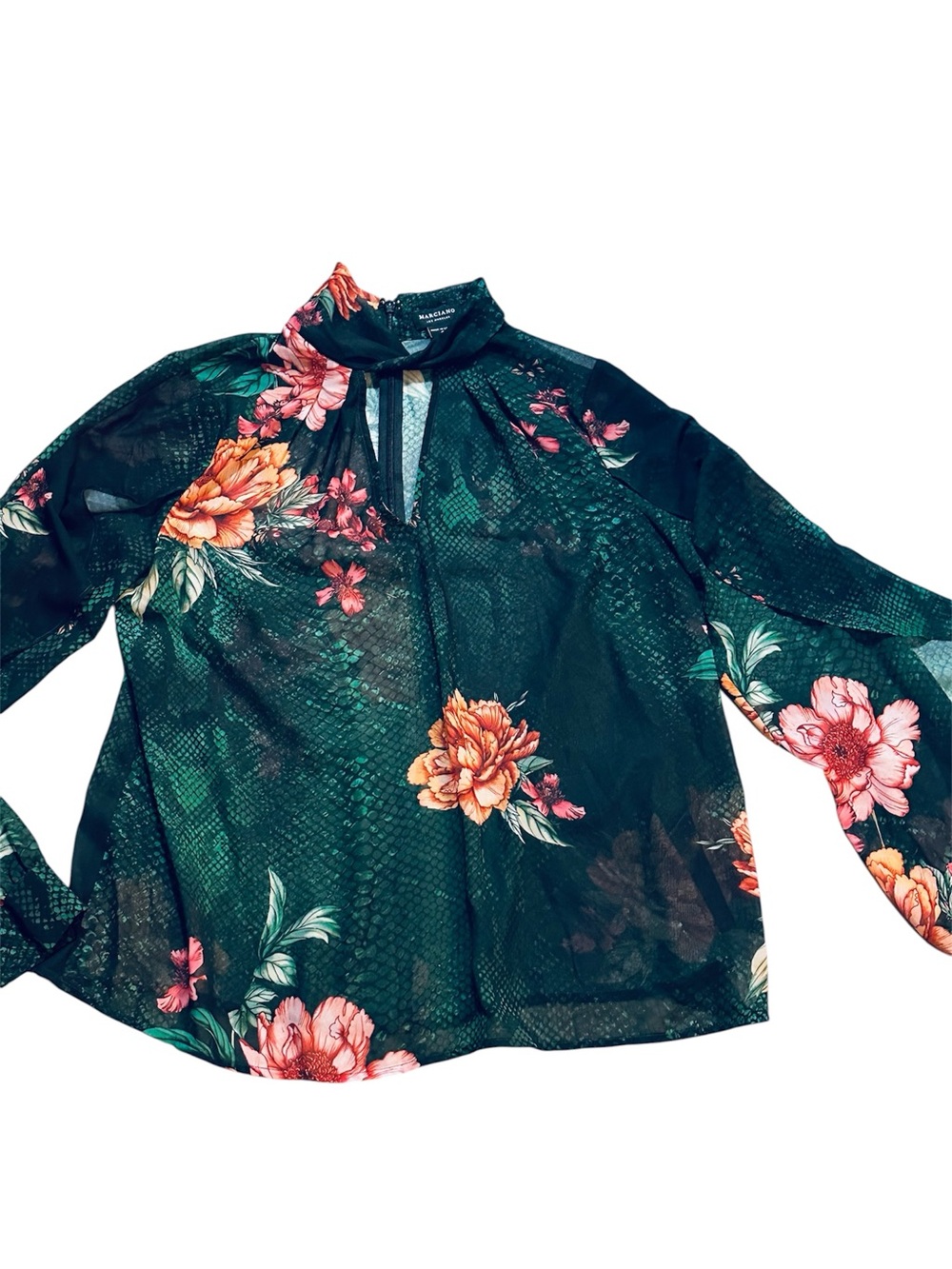 Marciano Los Angeles Sheer Floral Mock Neck Blouse Snake Print Romantic Boho